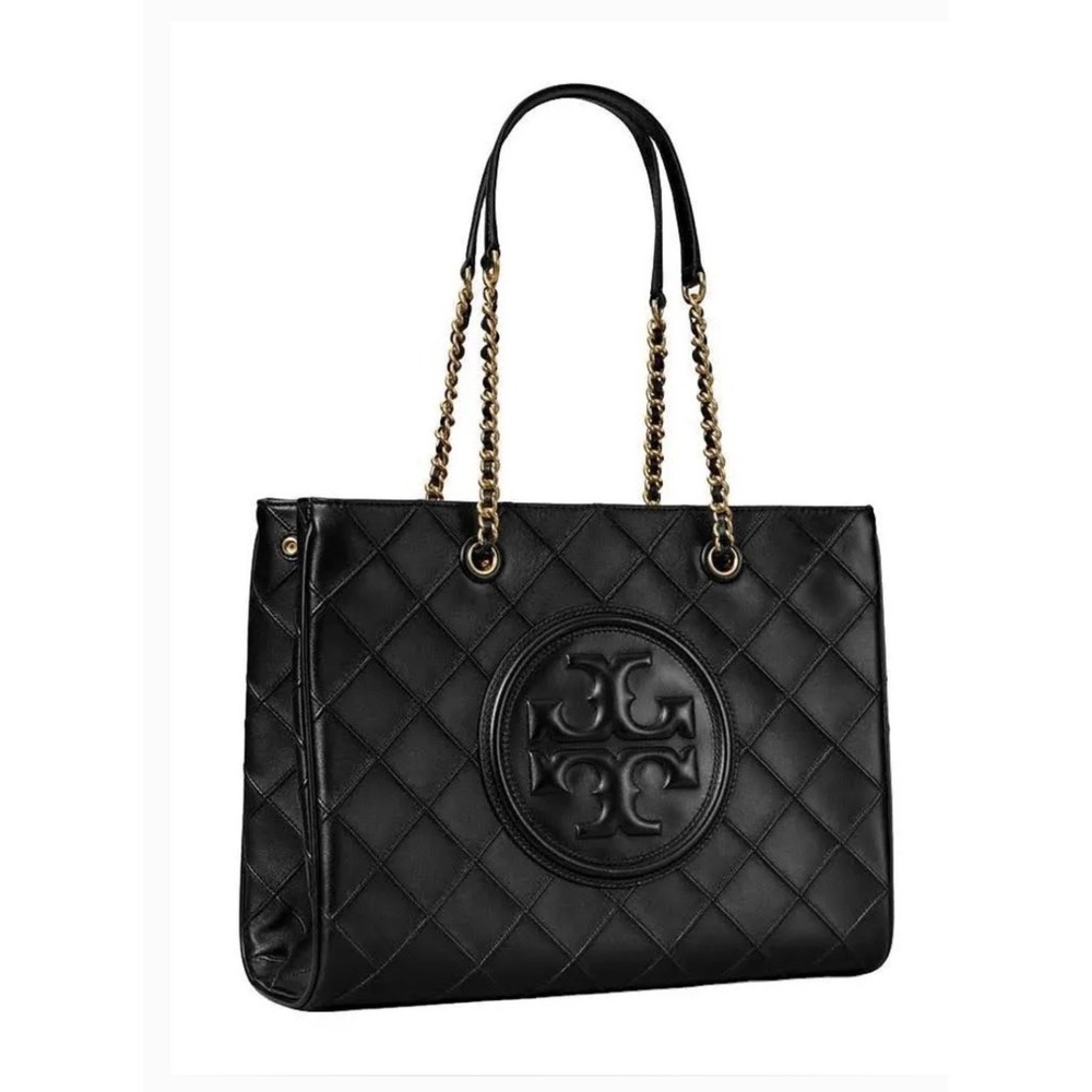 Tory Burch Soft Fleming Chain Black Diamond Quilted Leather Tote Shoulder Bag